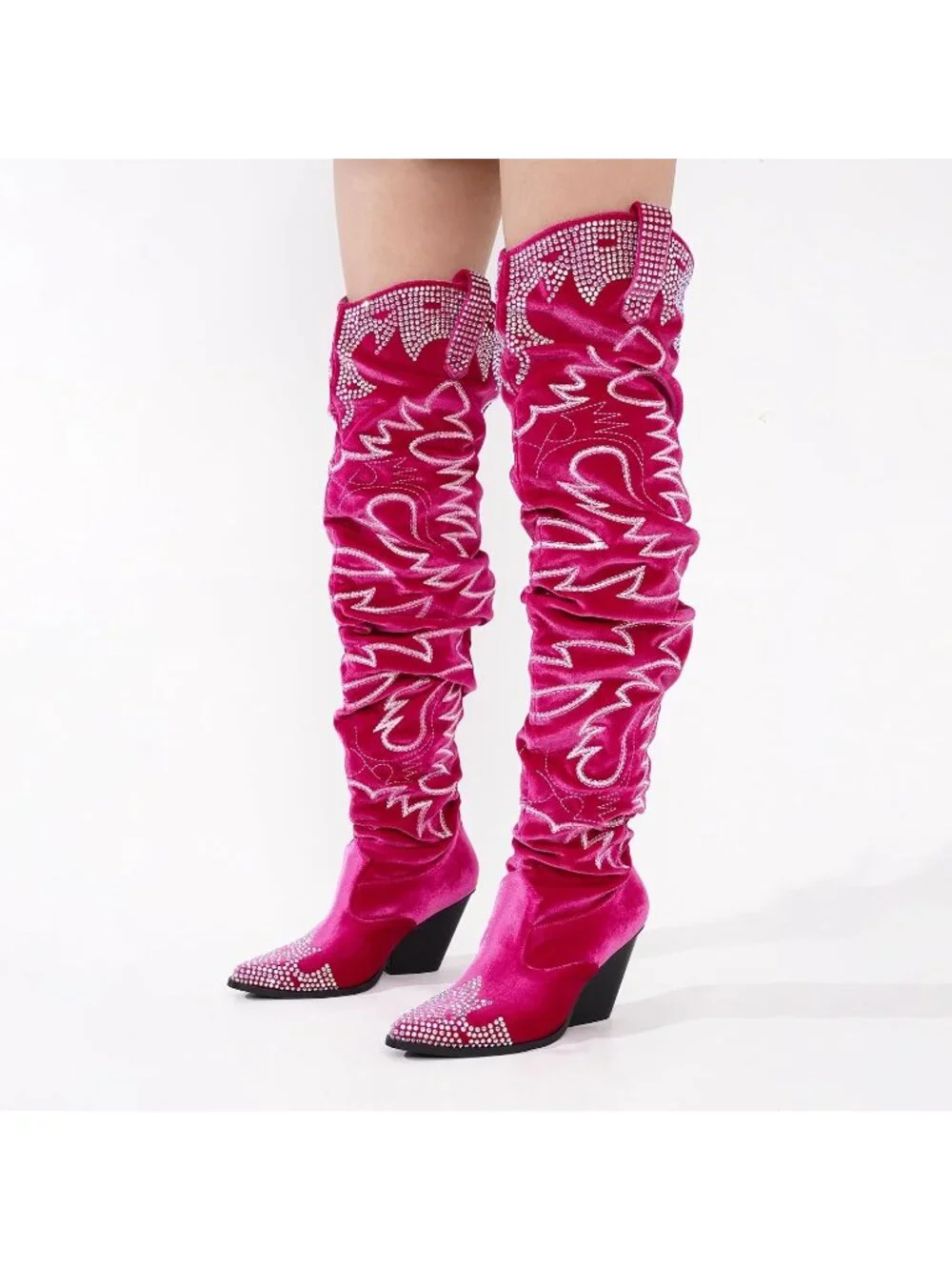 Women's Fuchsia Rhinestone Embroidered Thigh High Slouchy Wide Calf Cowgirl Boot